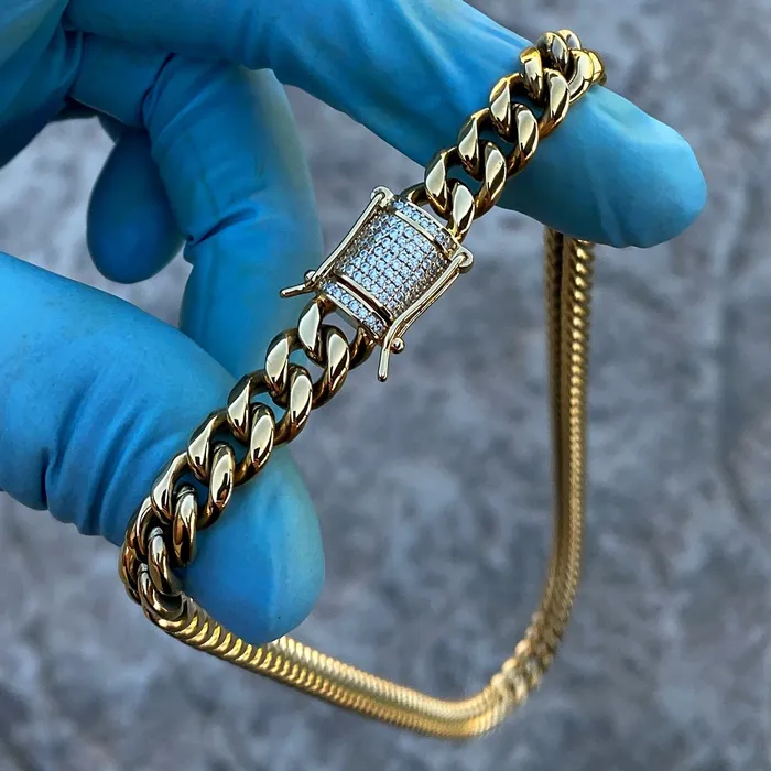 Bracelets Harlem Bling 14K Gold Plated Stainless Steel Miami Cuban Chain Moissanite Clasp 8MM Bracelets Harlem Bling 14K Gold Plated Stainless Steel Miami Cuban Chain Moissanite Clasp 8MM