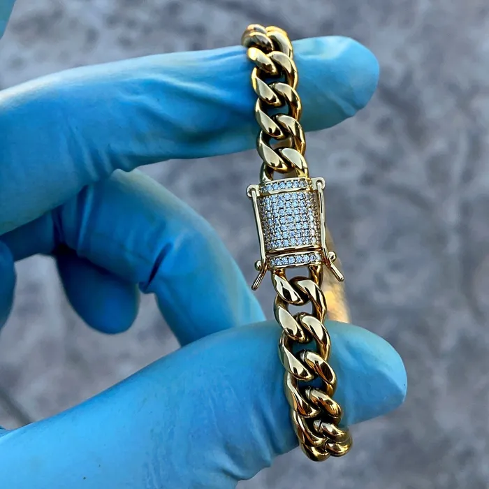 Bracelets Harlem Bling 14K Gold Plated Stainless Steel Miami Cuban Chain Moissanite Clasp 8MM Bracelets Harlem Bling 14K Gold Plated Stainless Steel Miami Cuban Chain Moissanite Clasp 8MM