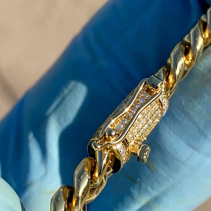 Bracelets Harlem Bling 14K Gold Plated Stainless Steel Miami Cuban Chain Moissanite Clasp 8MM Bracelets Harlem Bling 14K Gold Plated Stainless Steel Miami Cuban Chain Moissanite Clasp 8MM