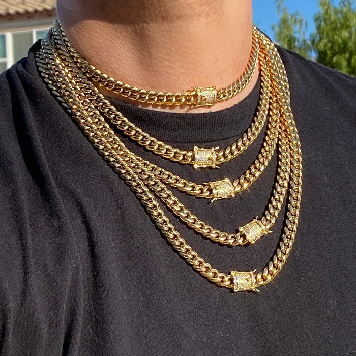 Bracelets Harlem Bling 14K Gold Plated Stainless Steel Miami Cuban Chain Moissanite Clasp 8MM Bracelets Harlem Bling 14K Gold Plated Stainless Steel Miami Cuban Chain Moissanite Clasp 8MM