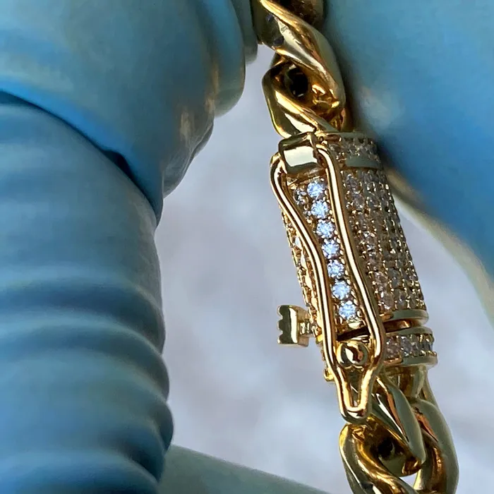 Bracelets Harlem Bling 14K Gold Plated Stainless Steel Miami Cuban Chain Moissanite Clasp 8MM Bracelets Harlem Bling 14K Gold Plated Stainless Steel Miami Cuban Chain Moissanite Clasp 8MM