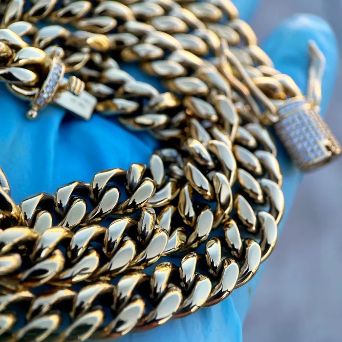 Bracelets Harlem Bling 14K Gold Plated Stainless Steel Miami Cuban Chain Moissanite Clasp 8MM Bracelets Harlem Bling 14K Gold Plated Stainless Steel Miami Cuban Chain Moissanite Clasp 8MM