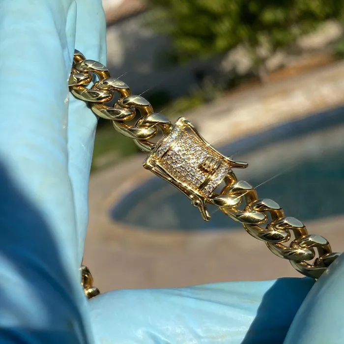 Bracelets Harlem Bling 14K Gold Plated Stainless Steel Miami Cuban Chain Moissanite Clasp 8MM Bracelets Harlem Bling 14K Gold Plated Stainless Steel Miami Cuban Chain Moissanite Clasp 8MM
