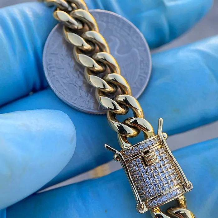 Bracelets Harlem Bling 14K Gold Plated Stainless Steel Miami Cuban Chain Moissanite Clasp 8MM Bracelets Harlem Bling 14K Gold Plated Stainless Steel Miami Cuban Chain Moissanite Clasp 8MM