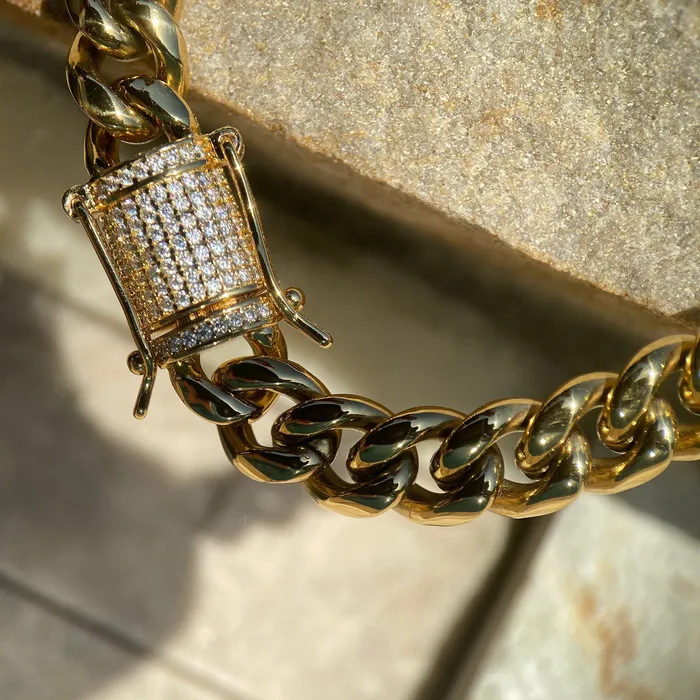 Bracelets Harlem Bling 14K Gold Plated Stainless Steel Miami Cuban Chain Moissanite Clasp 8MM Bracelets Harlem Bling 14K Gold Plated Stainless Steel Miami Cuban Chain Moissanite Clasp 8MM