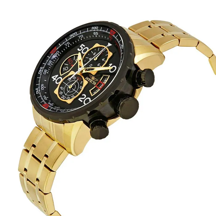 Bracelets Invicta Invicta Mens Chronograph Watch Aviator Black Dial Yellow Steel Bracelet 17206