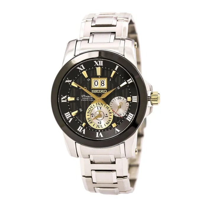Bracelets Seiko Seiko SNP129 Mens Premier Black Dial Stainless Steel Bracelet Power Reserve Kinetic Watch Bracelets Seiko Seiko SNP129 Mens Premier Black Dial Stainless Steel Bracelet Power Reserve Kinetic Watch