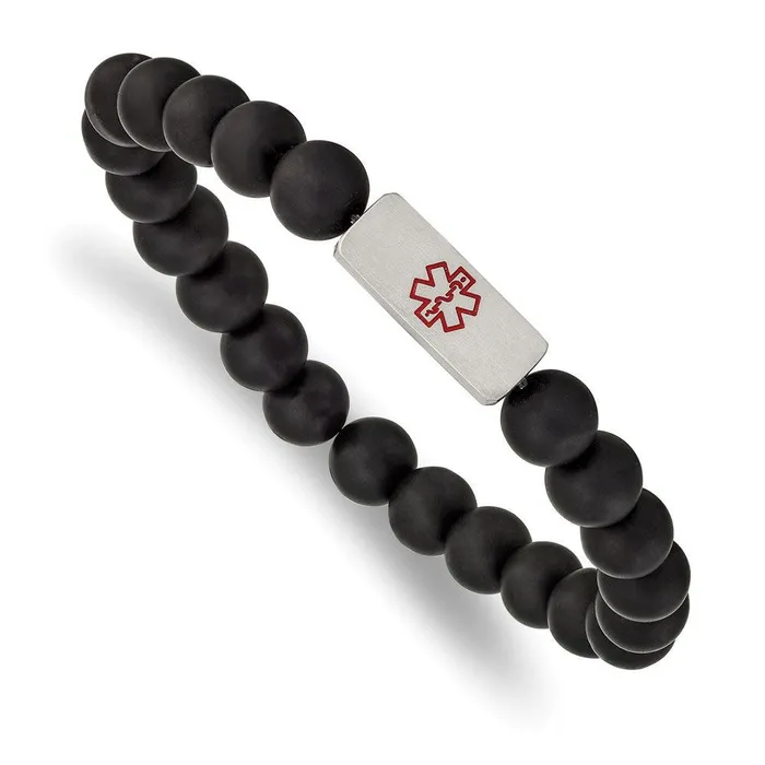 Chisel Bracelets Stainless Steel Brushed Medical ID Plate Black Agate Bead Stretch Bracelet Chisel Bracelets Stainless Steel Brushed Medical ID Plate Black Agate Bead Stretch Bracelet