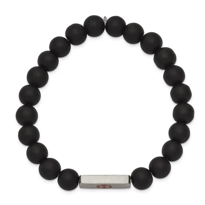 Chisel Bracelets Stainless Steel Brushed Medical ID Plate Black Agate Bead Stretch Bracelet Chisel Bracelets Stainless Steel Brushed Medical ID Plate Black Agate Bead Stretch Bracelet