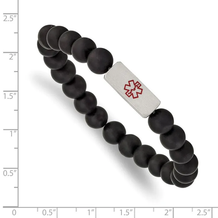 Chisel Bracelets Stainless Steel Brushed Medical ID Plate Black Agate Bead Stretch Bracelet Chisel Bracelets Stainless Steel Brushed Medical ID Plate Black Agate Bead Stretch Bracelet