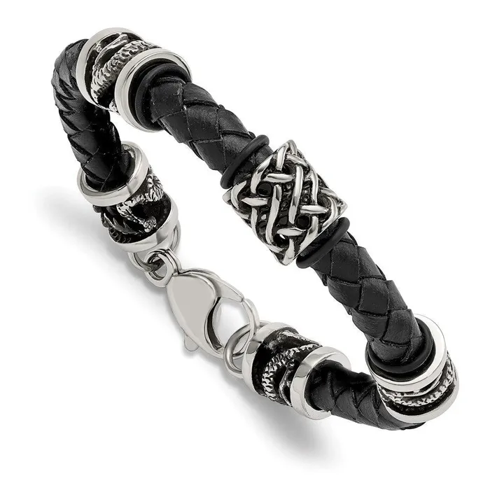 Chisel Bracelets Stainless Steel Polished Antiqued Dragon Black Braided Leather Bracelet Chisel Bracelets Stainless Steel Polished Antiqued Dragon Black Braided Leather Bracelet