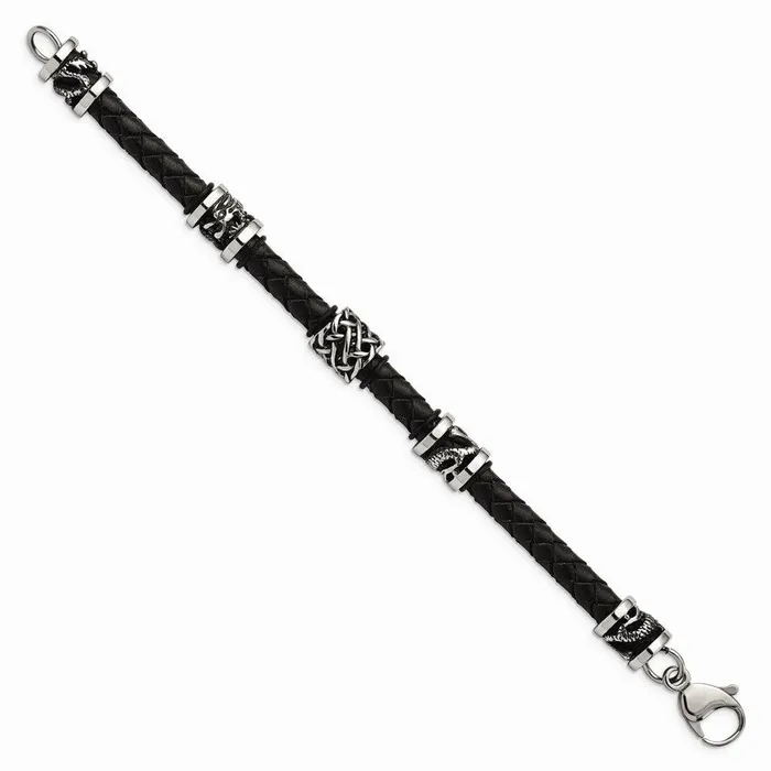 Chisel Bracelets Stainless Steel Polished Antiqued Dragon Black Braided Leather Bracelet Chisel Bracelets Stainless Steel Polished Antiqued Dragon Black Braided Leather Bracelet