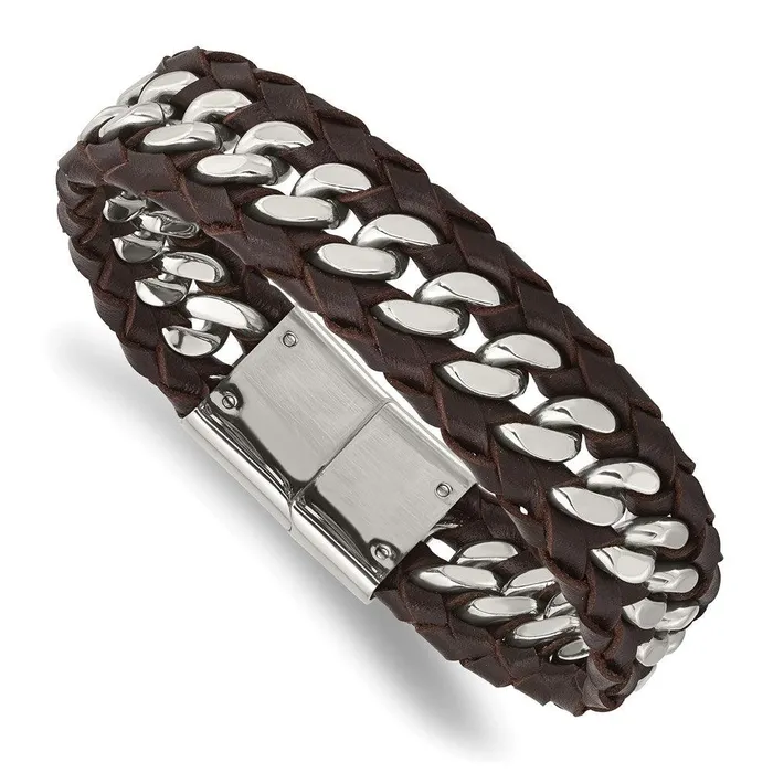 Chisel Bracelets Stainless Steel Polished Brown Leather 85in Bracelet