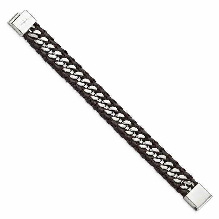 Chisel Bracelets Stainless Steel Polished Brown Leather 85in Bracelet Chisel Bracelets Stainless Steel Polished Brown Leather 85in Bracelet