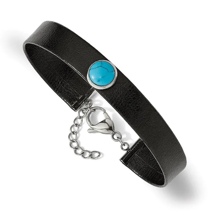 Chisel Bracelets Stainless Steel Polished Leather wImit Turquoise w125in ext Bracelet Chisel Bracelets Stainless Steel Polished Leather wImit Turquoise w125in ext Bracelet