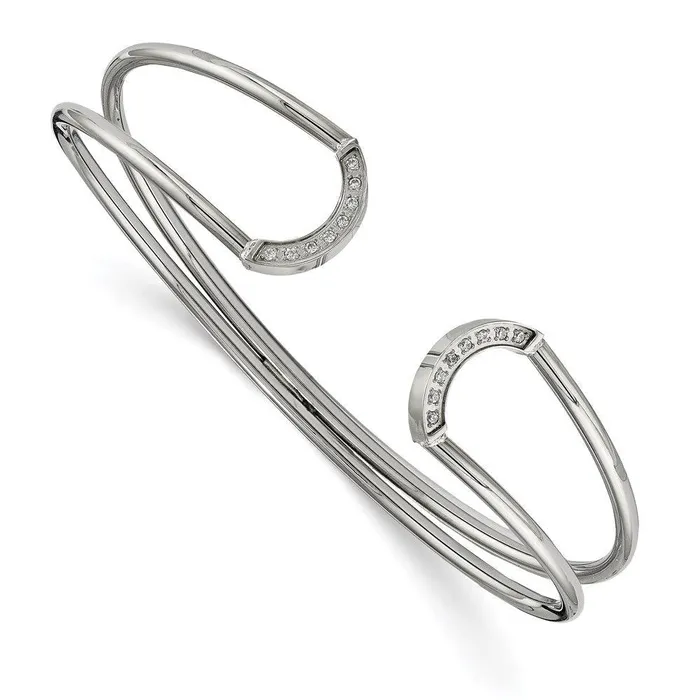 Chisel Bracelets Stainless Steel Polished with CZ Flexible Cuff Bangle