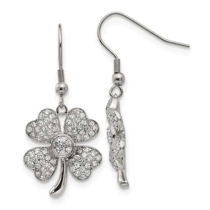 Chisel Earrings Stainless Steel Polished 4Leaf Clover wCZ Shepherd Hook Earrings Chisel Earrings Stainless Steel Polished 4Leaf Clover wCZ Shepherd Hook Earrings