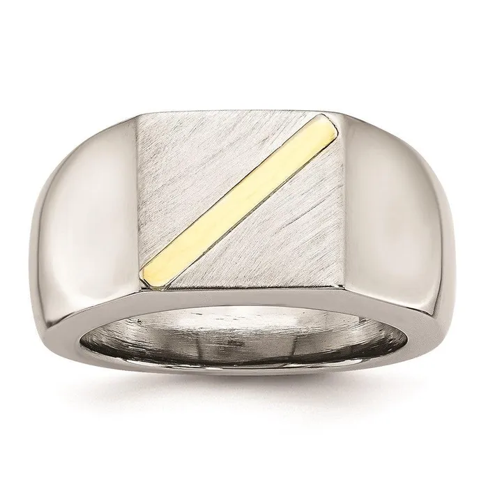 Chisel Rings Stainless Steel Brushed and Polished with 14K Gold Stripe Signet Ring Chisel Rings Stainless Steel Brushed and Polished with 14K Gold Stripe Signet Ring