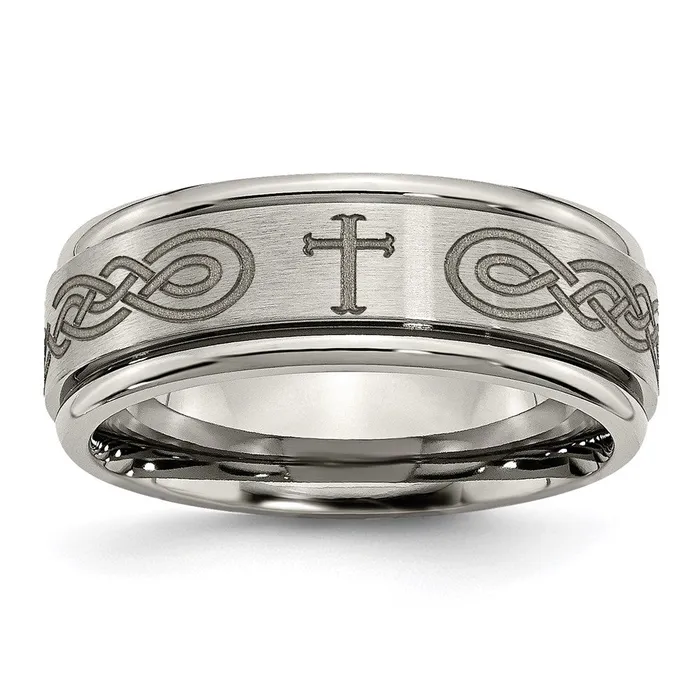Chisel Rings Titanium Ridged Edge 8mm Laser Design Brushed Polished Band TB11P