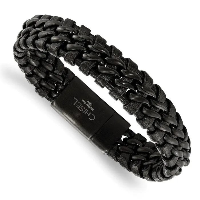 Chisel Stainless Steel Brushed Black IPplated Black Leather Bracelet Bracelets Chisel Stainless Steel Brushed Black IPplated Black Leather Bracelet Bracelets