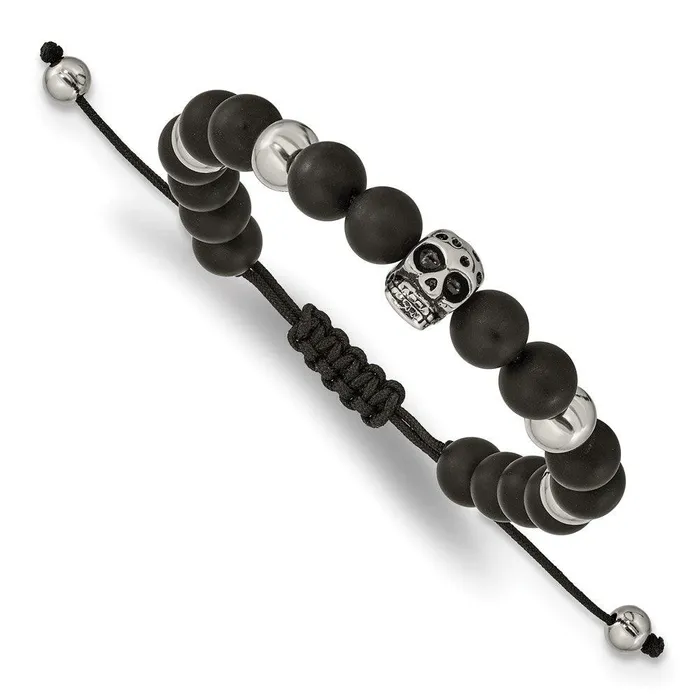 Chisel Stainless Steel Polished Black Onyx Beaded Skull Adj Bracelet Bracelets Chisel Stainless Steel Polished Black Onyx Beaded Skull Adj Bracelet Bracelets