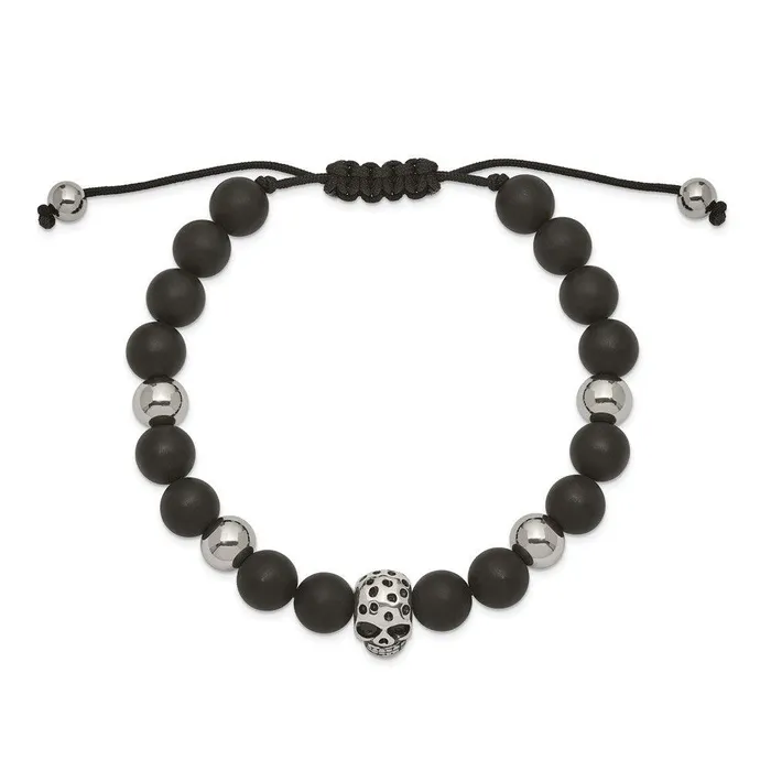 Chisel Stainless Steel Polished Black Onyx Beaded Skull Adj Bracelet Bracelets Chisel Stainless Steel Polished Black Onyx Beaded Skull Adj Bracelet Bracelets
