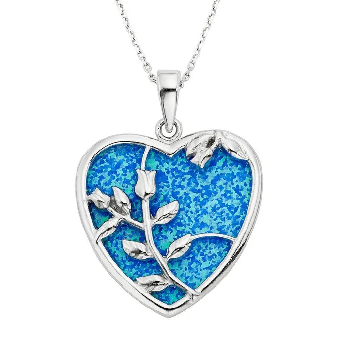Classic Necklaces Sterling Silver Large Blue Inlay Opal Heart with Rose Pendant