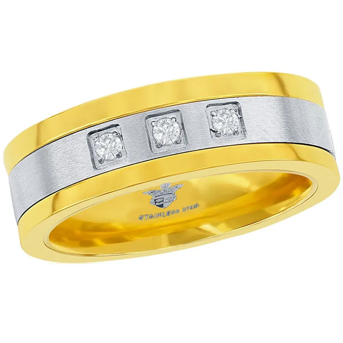 Classic Rings Mens Ring Gold and Silver Stainless Steel CZ Band Size 9 SW21059