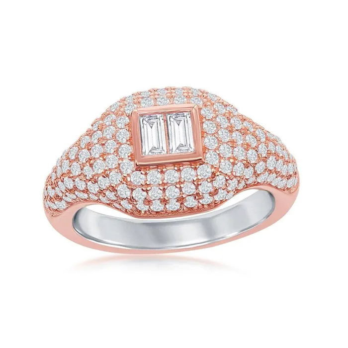 Classic Rings Sterling Silver RG Micro Pave Center Baguette Ring Size 8