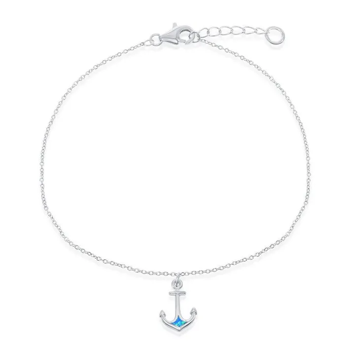 Classic Sterling Silver Blue Inlay Opal Anchor Anklet Rings
