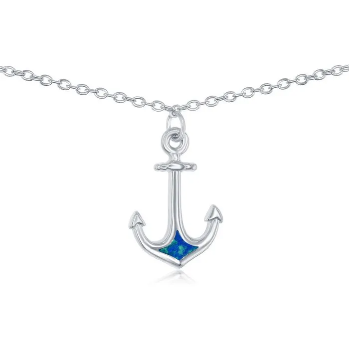 Classic Sterling Silver Blue Inlay Opal Anchor Anklet Rings