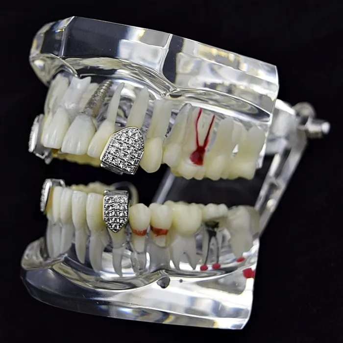 Earrings Bling Cartel Admin Silver Tone Iced CZ Four Single Tooth Caps Set