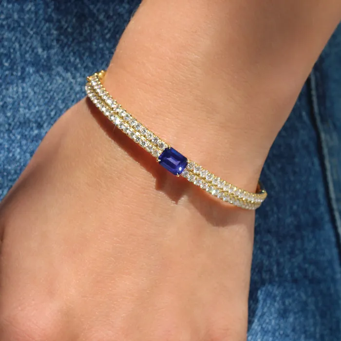 GIA DIAMOND BRACELET WITH EMERALD CUT BLUE SAPPHIRE CENTER Anita Ko Bracelets