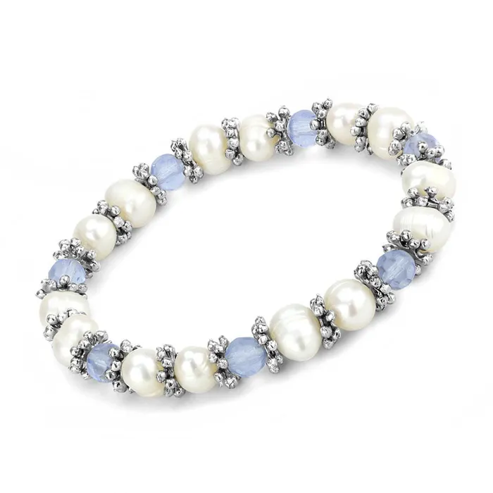 LO4652 Antique Silver White Metal Bracelet with Synthetic Pearl in Sea Blue Alamode Bracelets LO4652 Antique Silver White Metal Bracelet with Synthetic Pearl in Sea Blue Alamode Bracelets