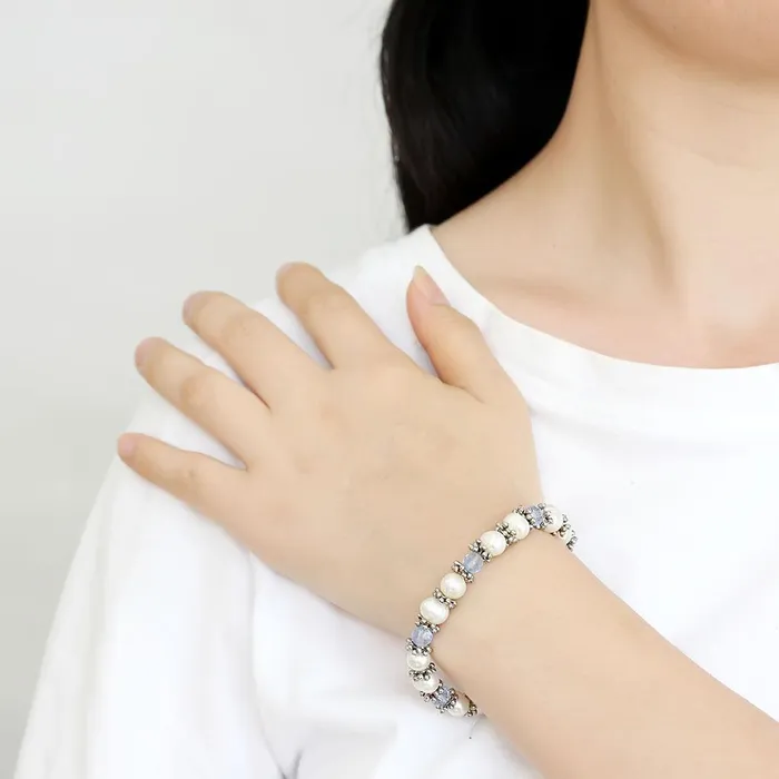LO4652 Antique Silver White Metal Bracelet with Synthetic Pearl in Sea Blue Alamode Bracelets