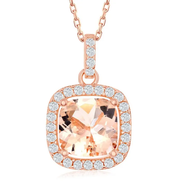 Necklaces Classic Sterling Silver Rose GP Morganite CZ with CZ Border Pendant
