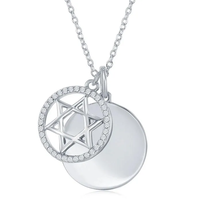 Necklaces Classic Sterling Silver Shiny Disc with CZ Star of David Necklace