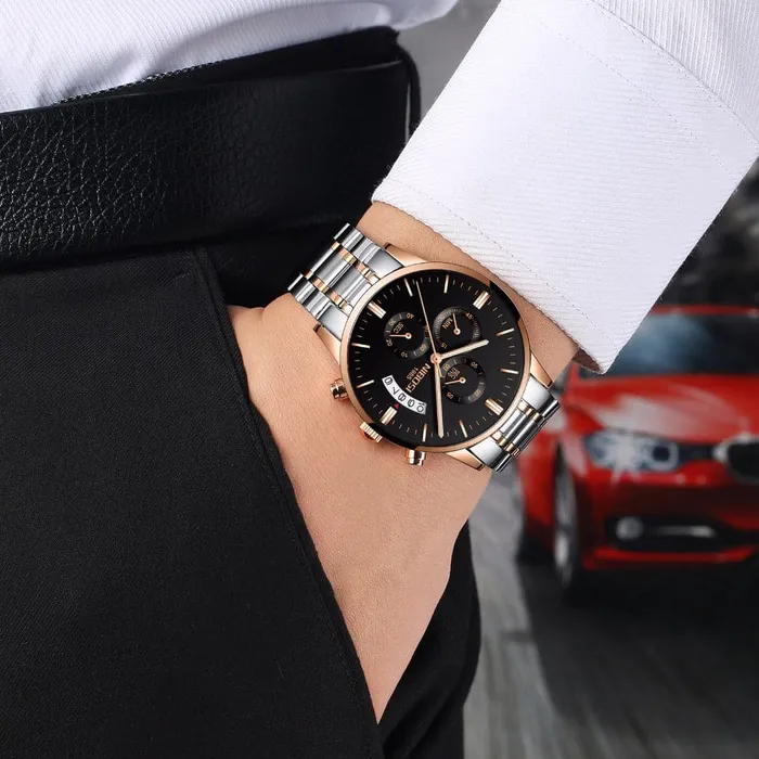 NIBOSI Mens Fine Fashion Premium Top Quality Triple Dial Pilot Design Stainless Steel Watch Divine Inspiration Styles Bracelets