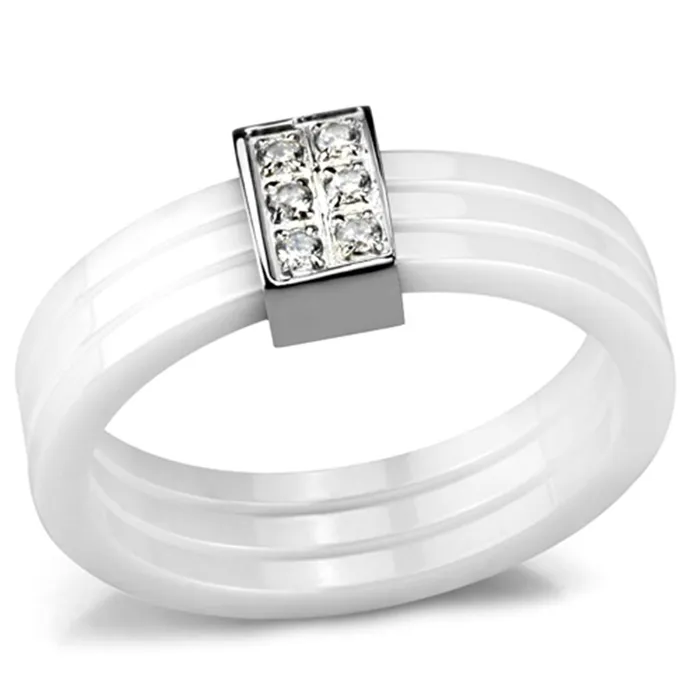 Rings Alamode 3W981 High polished no plating Stainless Steel Ring with Ceramic in White
