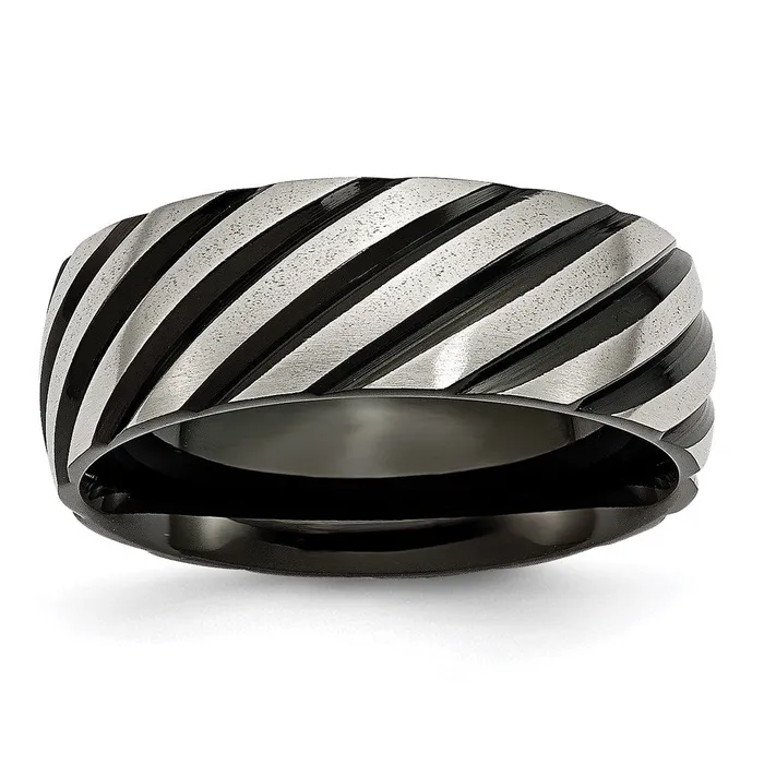 Rings Titanium 8mm Black IPplated Swirl Brushed Polished Band TB300 Chisel