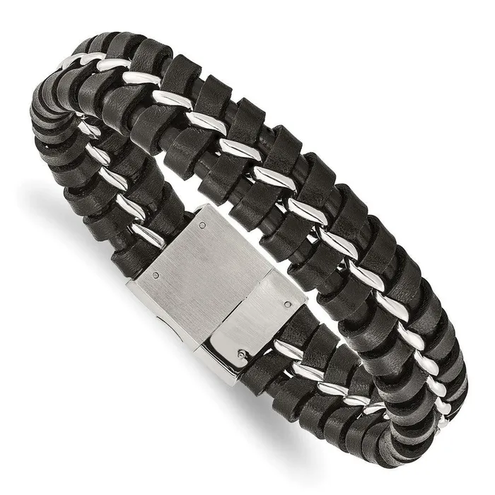 Stainless Steel Black Leather Brushed and Polished Bracelet Chisel Bracelets