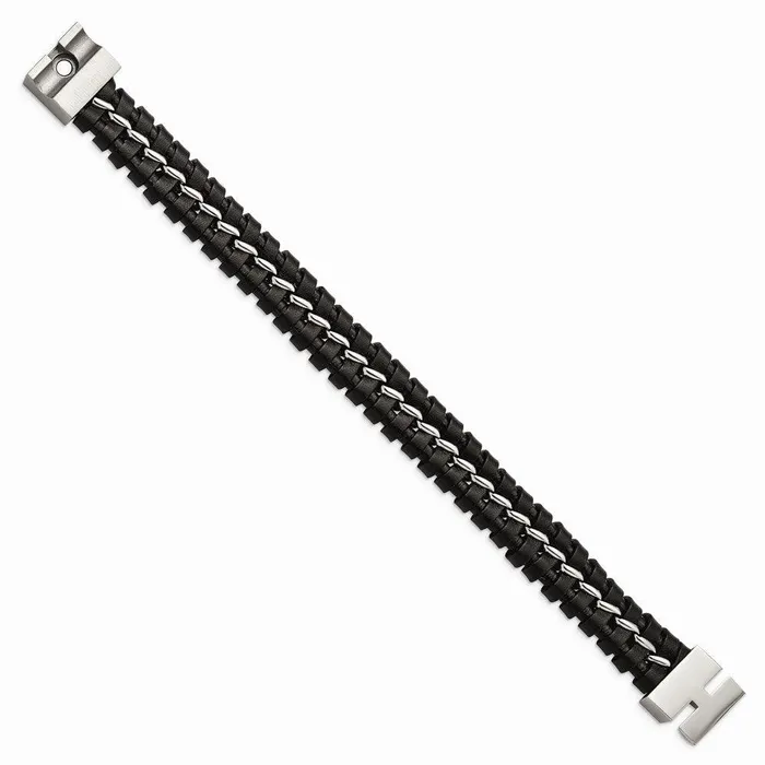 Stainless Steel Black Leather Brushed and Polished Bracelet Chisel Bracelets Stainless Steel Black Leather Brushed and Polished Bracelet Chisel Bracelets