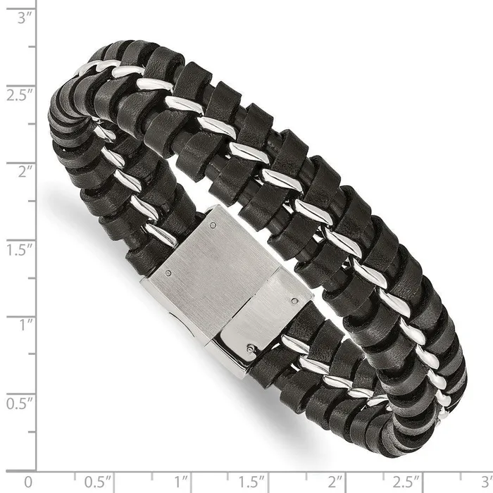 Stainless Steel Black Leather Brushed and Polished Bracelet Chisel Bracelets Stainless Steel Black Leather Brushed and Polished Bracelet Chisel Bracelets