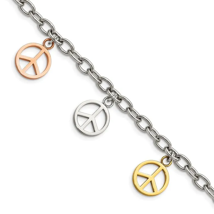 Stainless Steel Multicolor Plated Peace Sign Charms 85in Bracelet Chisel Bracelets Stainless Steel Multicolor Plated Peace Sign Charms 85in Bracelet Chisel Bracelets