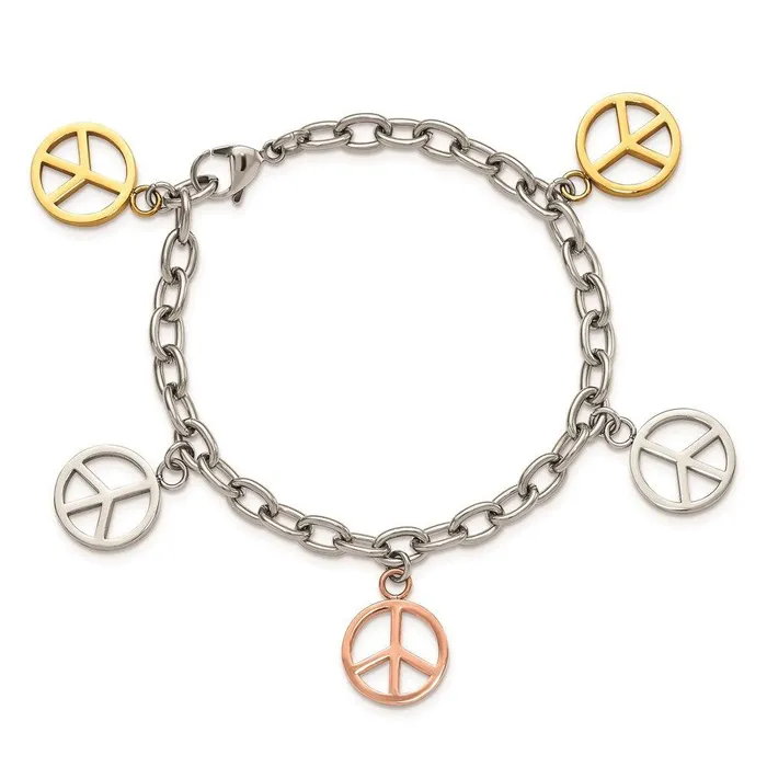Stainless Steel Multicolor Plated Peace Sign Charms 85in Bracelet Chisel Bracelets Stainless Steel Multicolor Plated Peace Sign Charms 85in Bracelet Chisel Bracelets