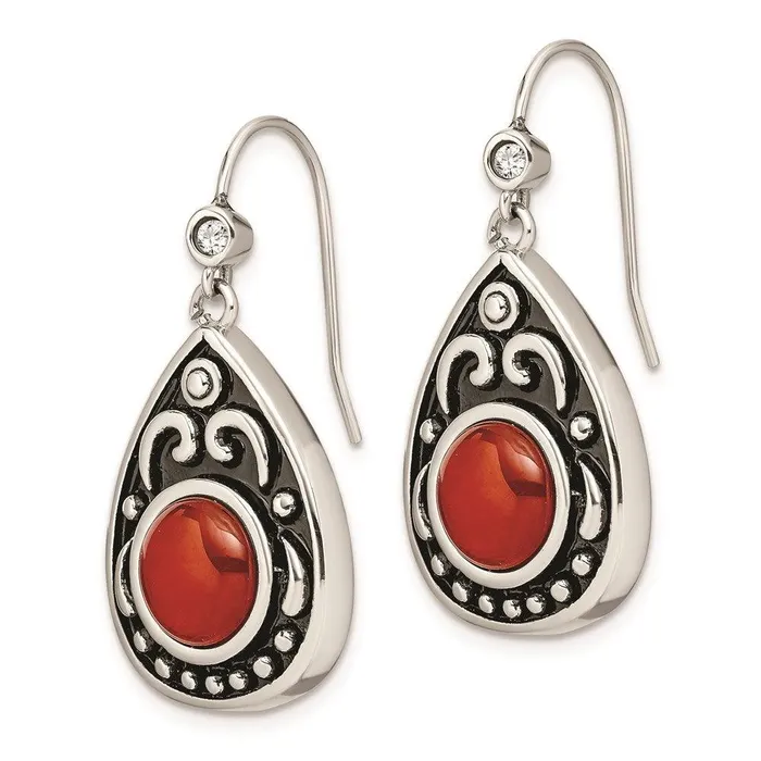 Stainless Steel PolishedAntiqued Red AgateCZ Dangle Earrings Chisel Earrings
