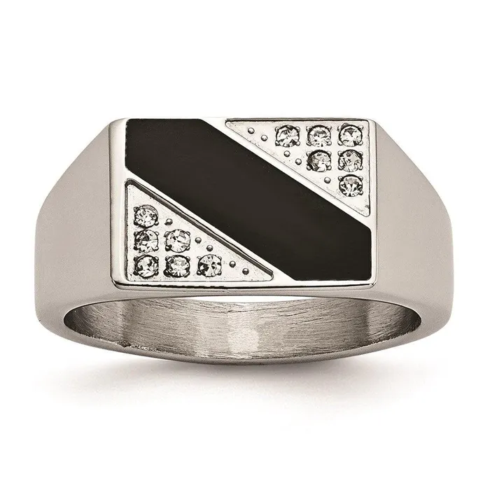 Stainless Steel Polished Black Enameled CZ Signet Ring Chisel Rings
