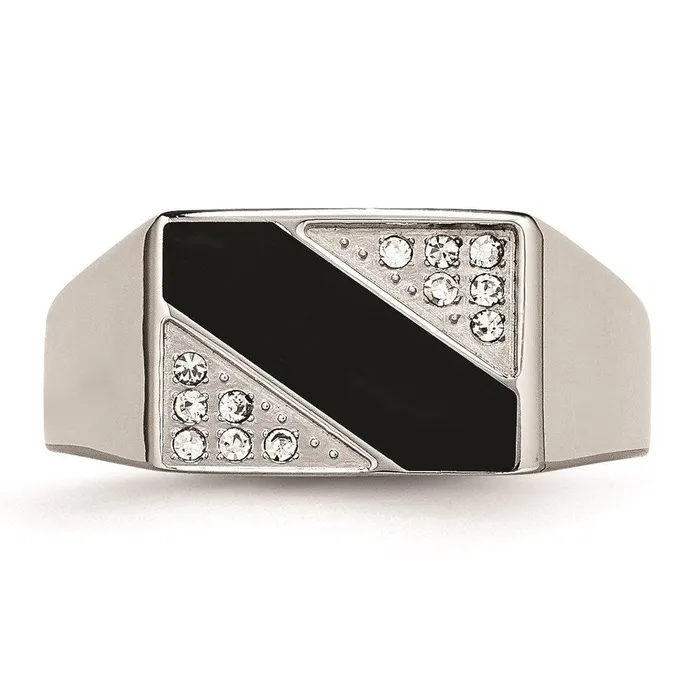 Stainless Steel Polished Black Enameled CZ Signet Ring Chisel Rings Stainless Steel Polished Black Enameled CZ Signet Ring Chisel Rings