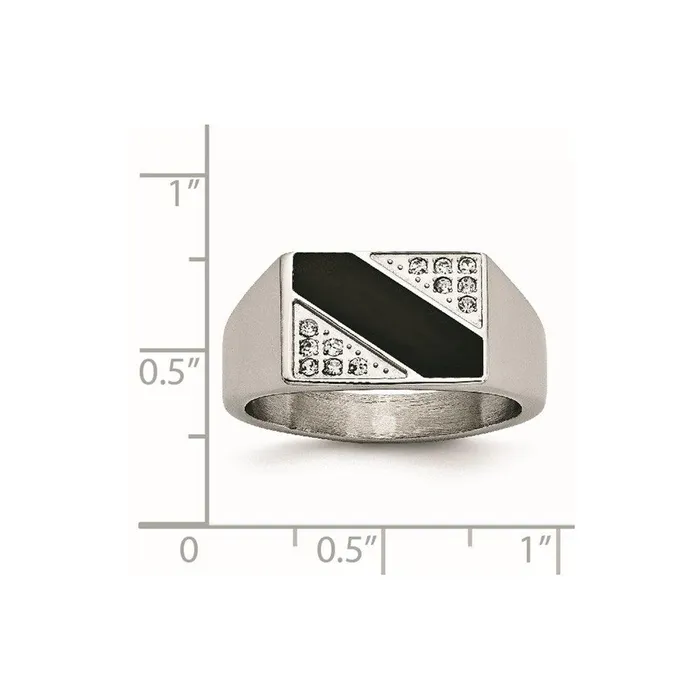 Stainless Steel Polished Black Enameled CZ Signet Ring Chisel Rings Stainless Steel Polished Black Enameled CZ Signet Ring Chisel Rings