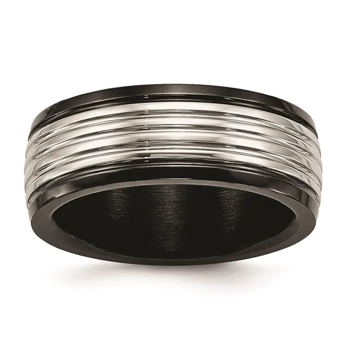 Stainless Steel Polished Black IP Grooved Ring Chisel Rings